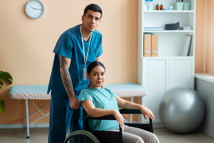 Occupational therapist providing support to a client in a home environment.